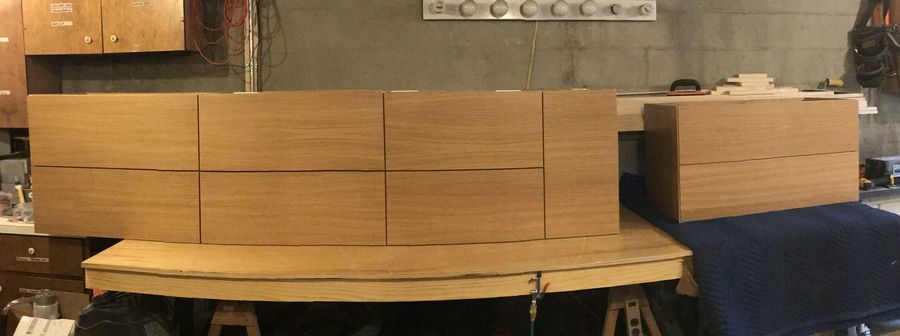 Custom bathroom cabinets built by DMM Carpentry, in the shop before install
